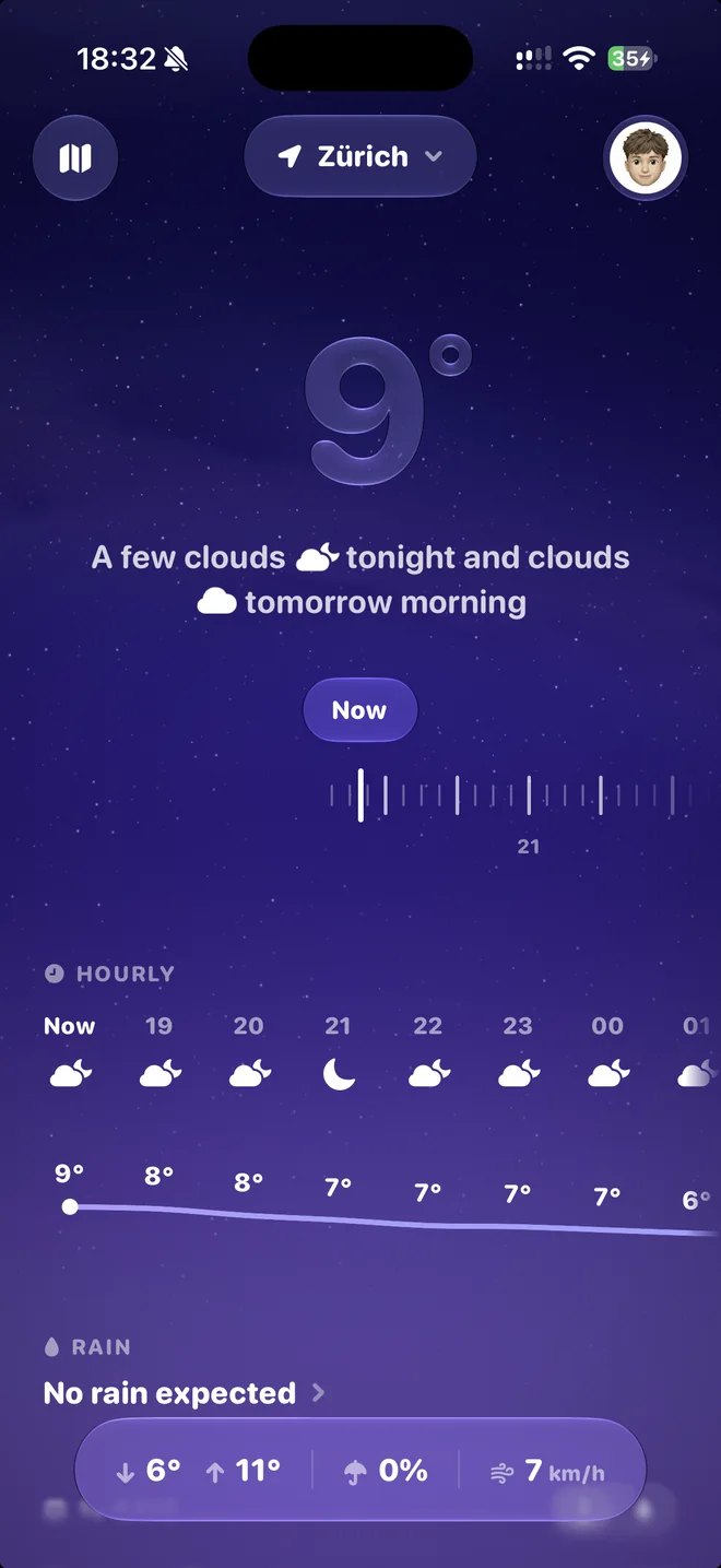 Jour showing 9 degrees in Zürich under a starry sky, with the hours ahead and the rain