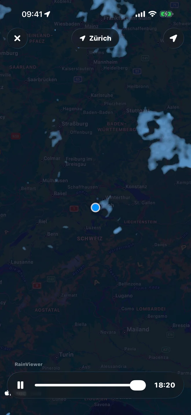 The rain radar over Switzerland and southern Germany